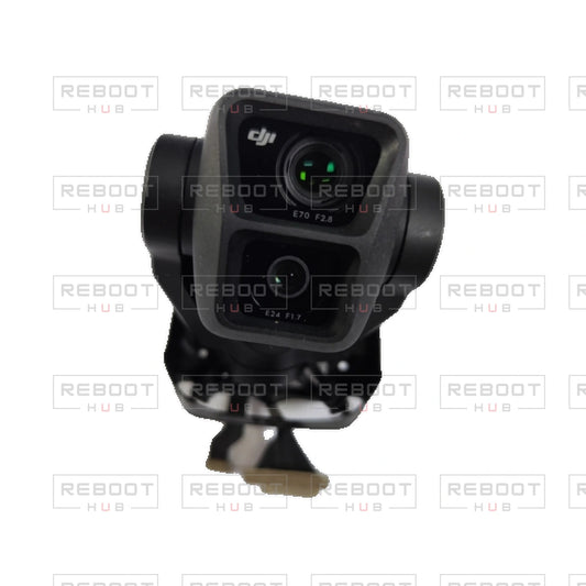 OEM-pulled DJI Air 3 Gimbal Camera Assembly with Lens on white with Reboot Hub watermark overlay — source view 1