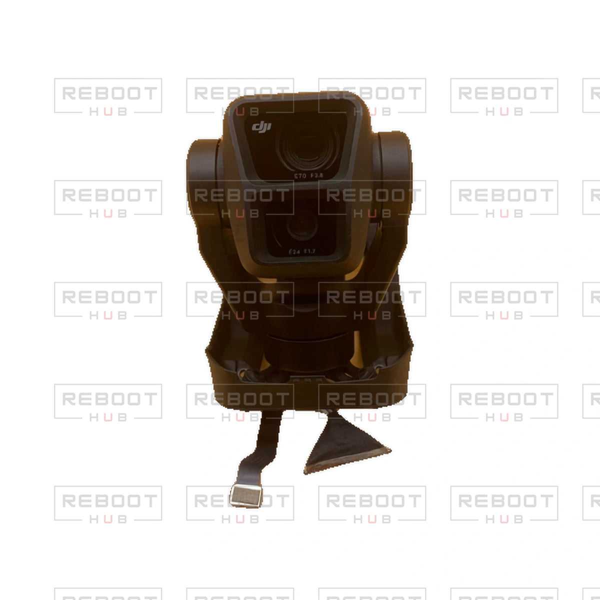 OEM-pulled DJI Air 3 Gimbal Camera Assembly with Lens on white with Reboot Hub watermark overlay — source view 2