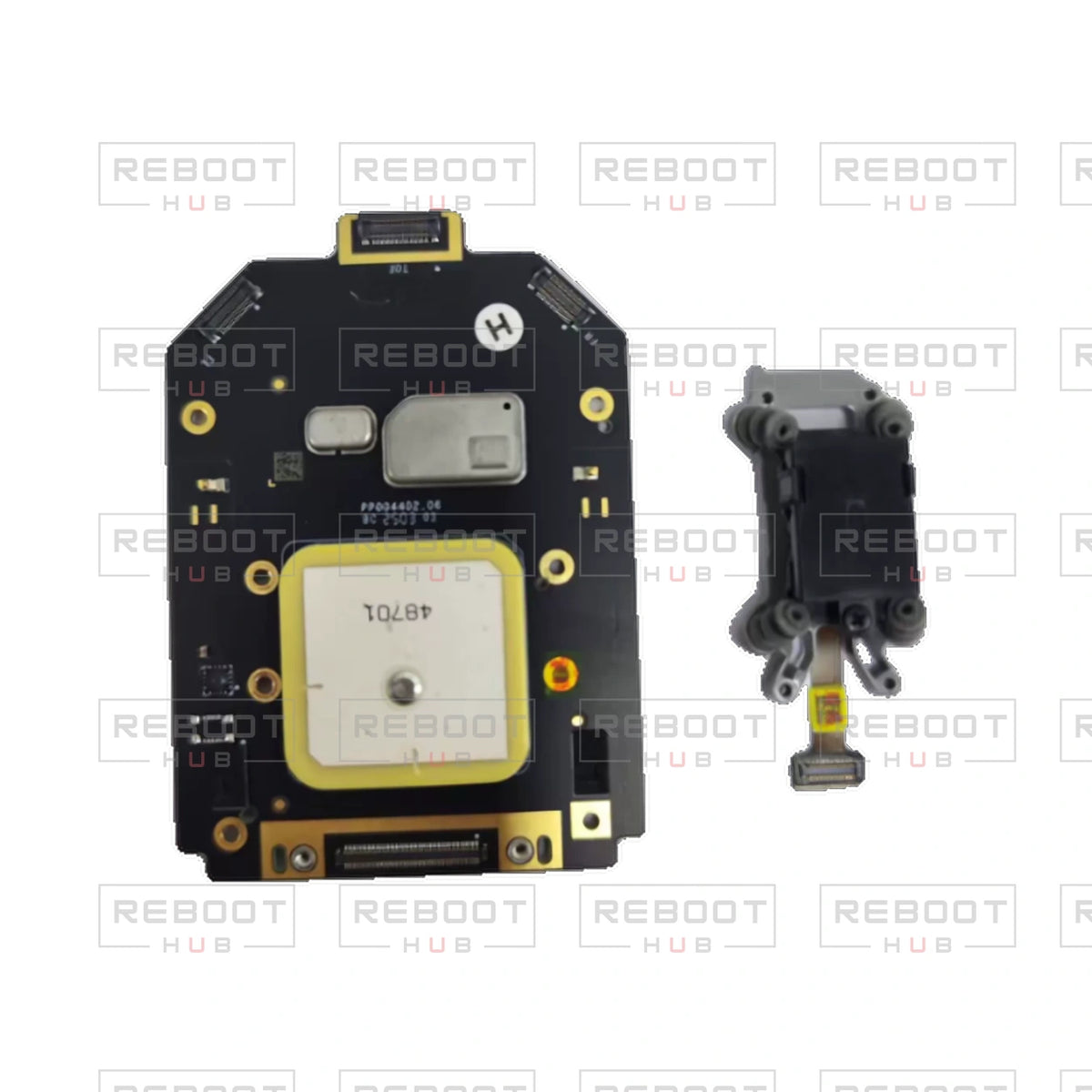 OEM-pulled DJI Air 3 GPS and IMU Board on white with Reboot Hub watermark overlay — source view 2