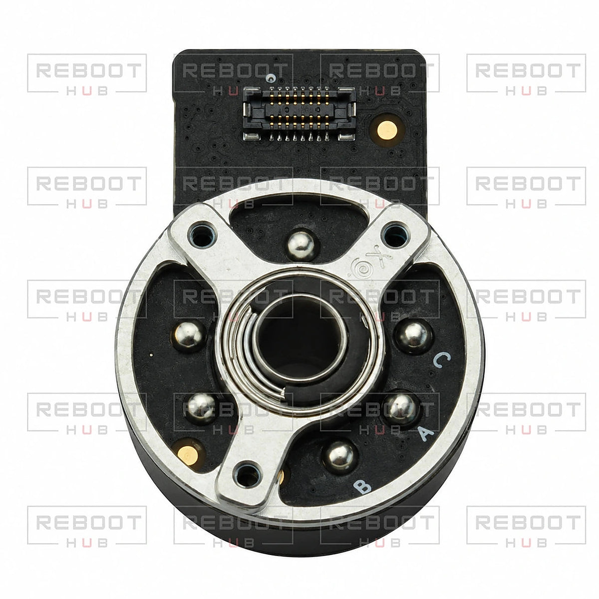 DJI Air 3 Gimbal Yaw Motor close detail view on white with Reboot Hub watermark overlay