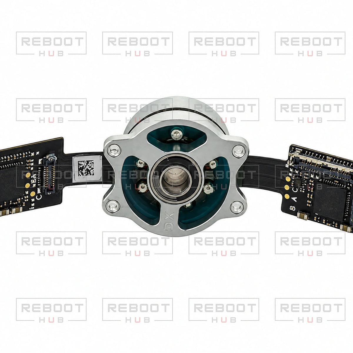 DJI Air 3 Gimbal Roll Motor close detail view on white with Reboot Hub watermark overlay