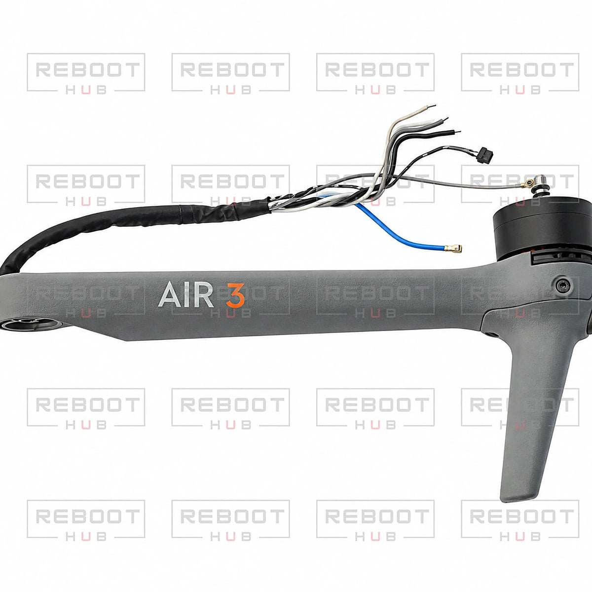 DJI Air 3 Front Arm Shell with Faulty Motor Left close detail view on white with Reboot Hub watermark overlay