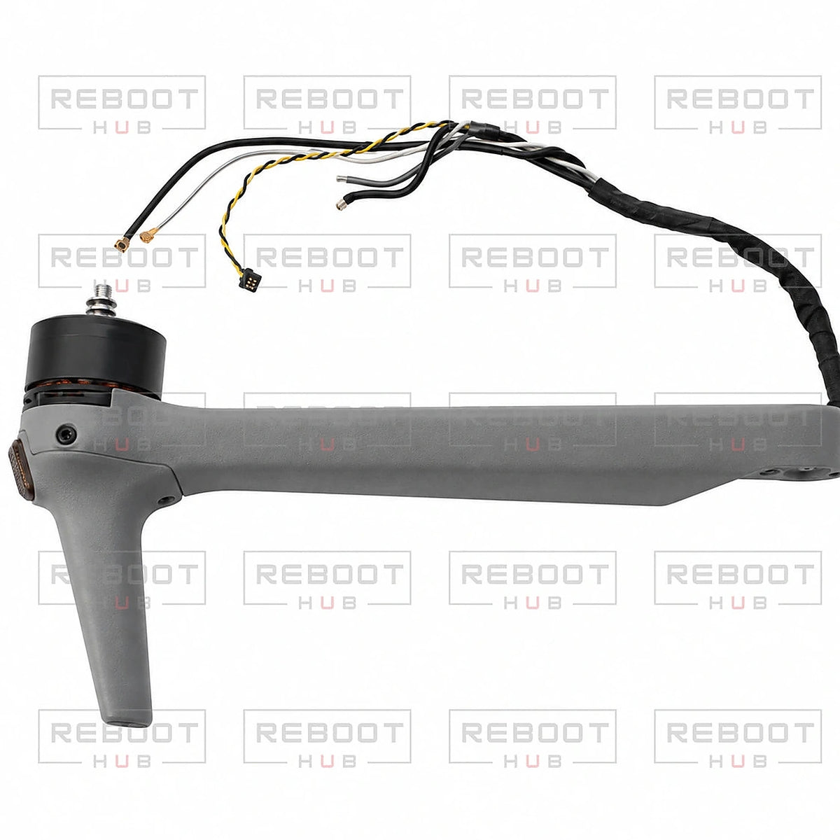 DJI Air 3S Front Arm Shell with Faulty Motor Right close detail view on white with Reboot Hub watermark overlay