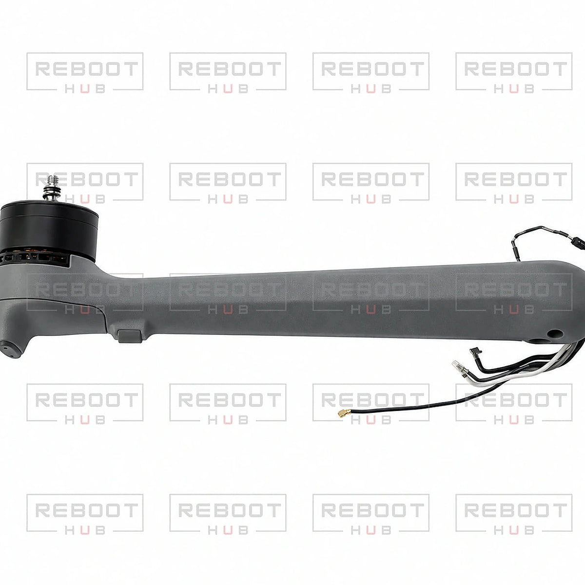 DJI Air 3S Rear Arm Shell with Faulty Motor Left close detail view on white with Reboot Hub watermark overlay