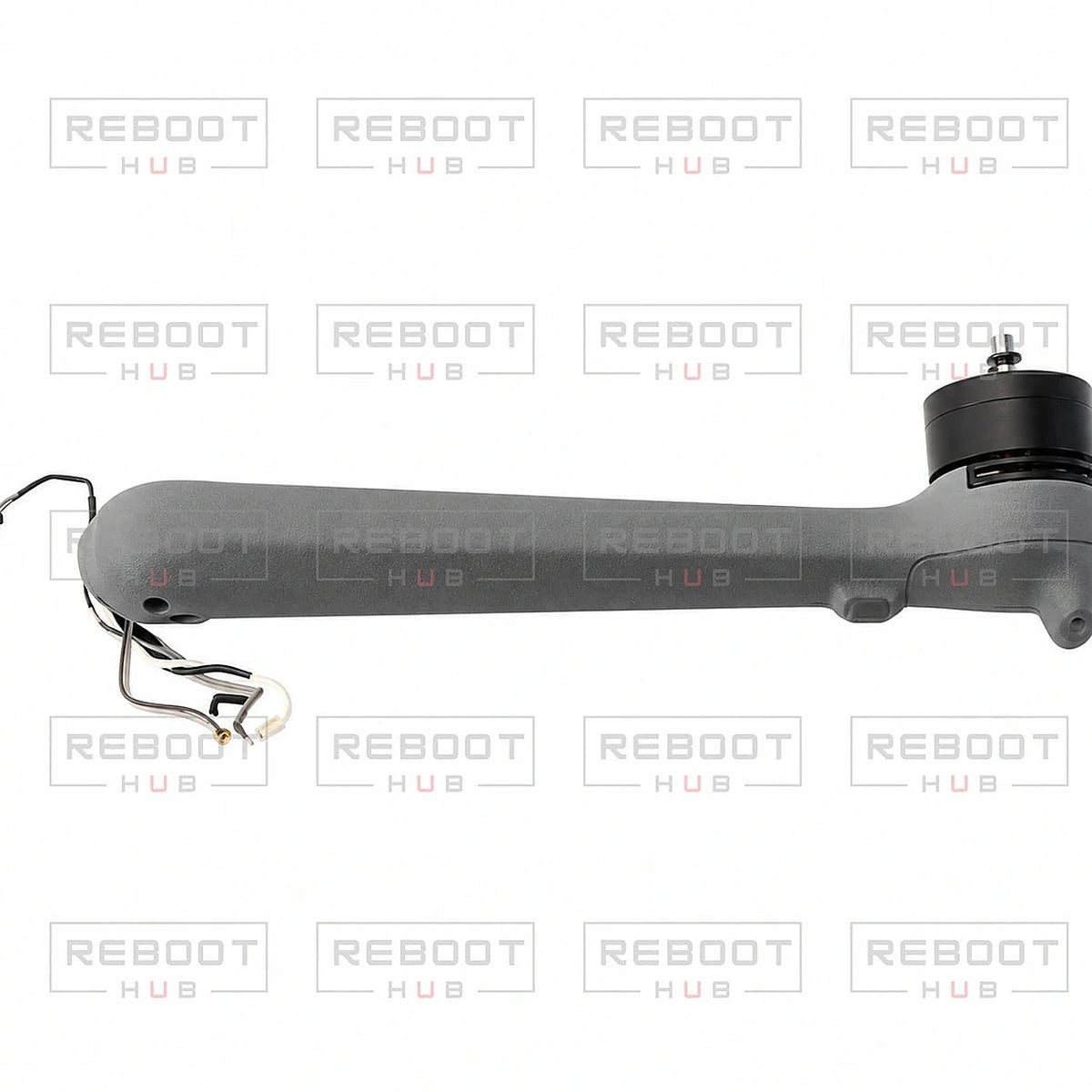DJI Air 3S Rear Arm Shell with Faulty Motor Right close detail view on white with Reboot Hub watermark overlay