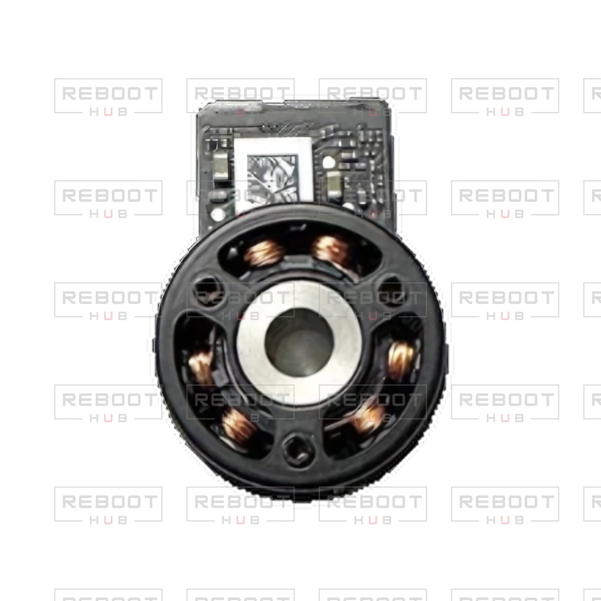 OEM-pulled DJI Air 3S Gimbal Yaw Motor on white with Reboot Hub watermark overlay — source view 3