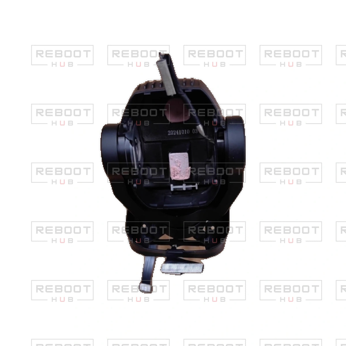 OEM-pulled DJI Air 3S Gimbal Axis Arm Assembly without Lens on white with Reboot Hub watermark overlay — source view 2