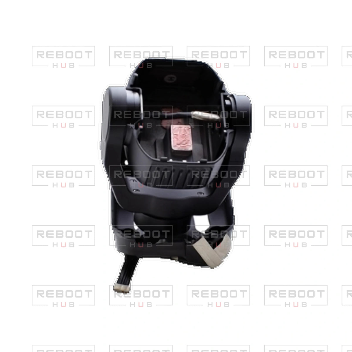 OEM-pulled DJI Air 3S Gimbal Axis Arm Assembly without Lens on white with Reboot Hub watermark overlay — source view 3