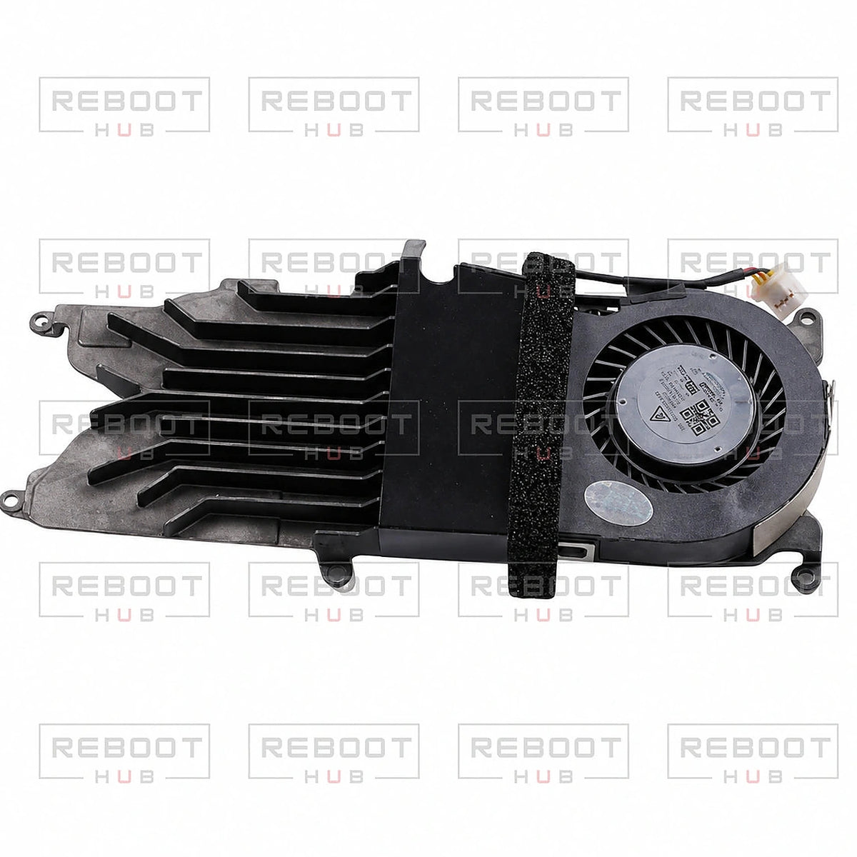 DJI Air 3S Heat Sink with Fan close detail view on white with Reboot Hub watermark overlay