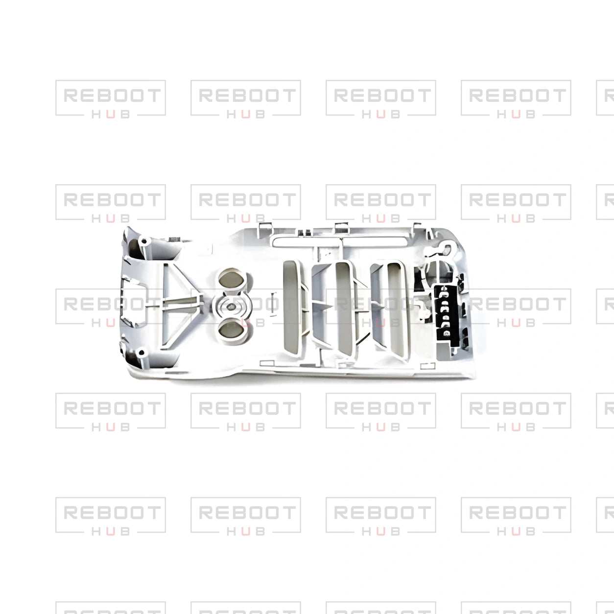 OEM-pulled DJI Mavic Mini Bottom Shell on white with Reboot Hub watermark overlay — view 2