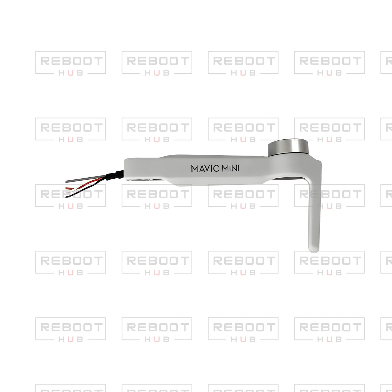OEM-pulled DJI Mavic Mini Front Arm Left on white with Reboot Hub watermark overlay — view 2