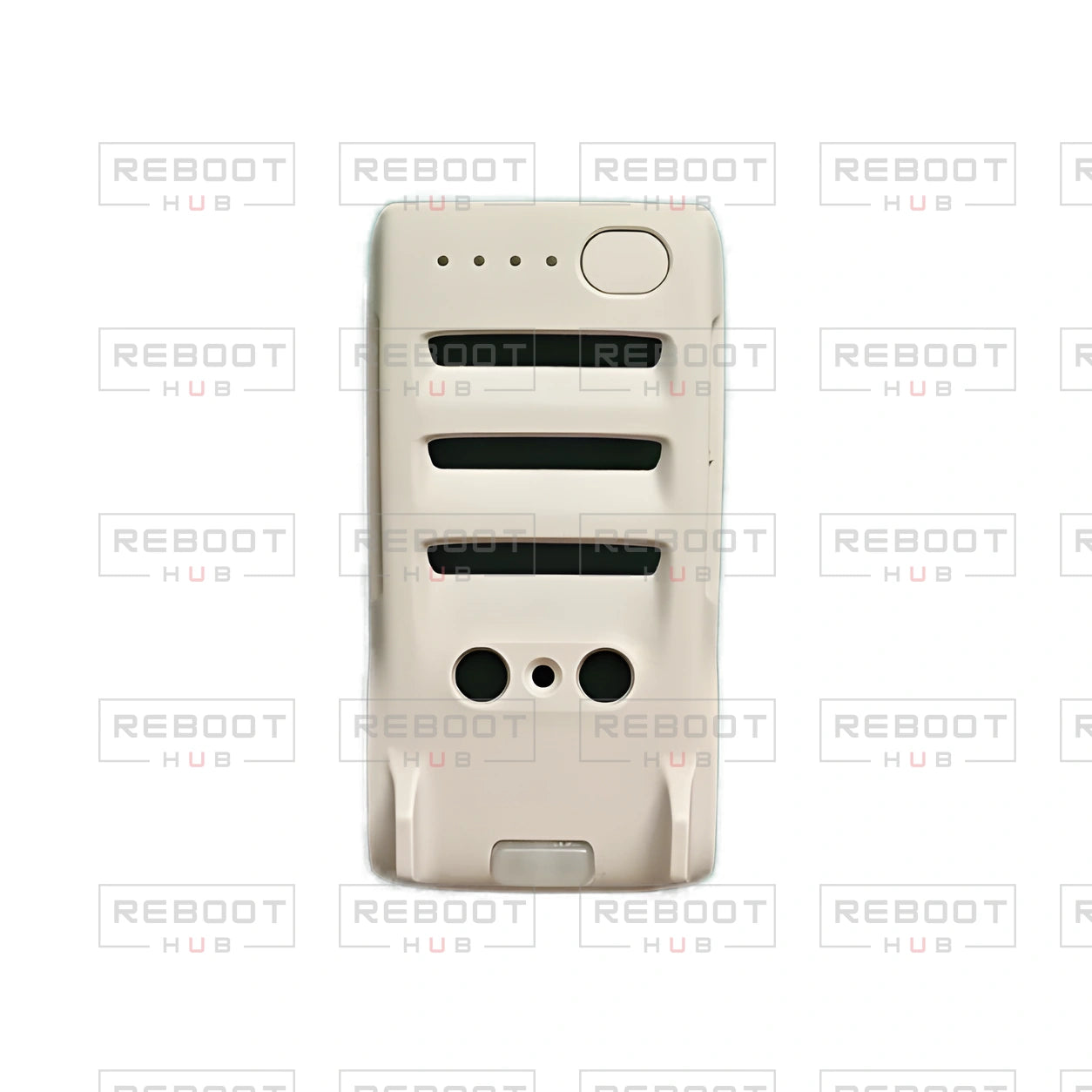 OEM-pulled DJI Mini 2 Bottom Shell on white with Reboot Hub watermark overlay — view 2