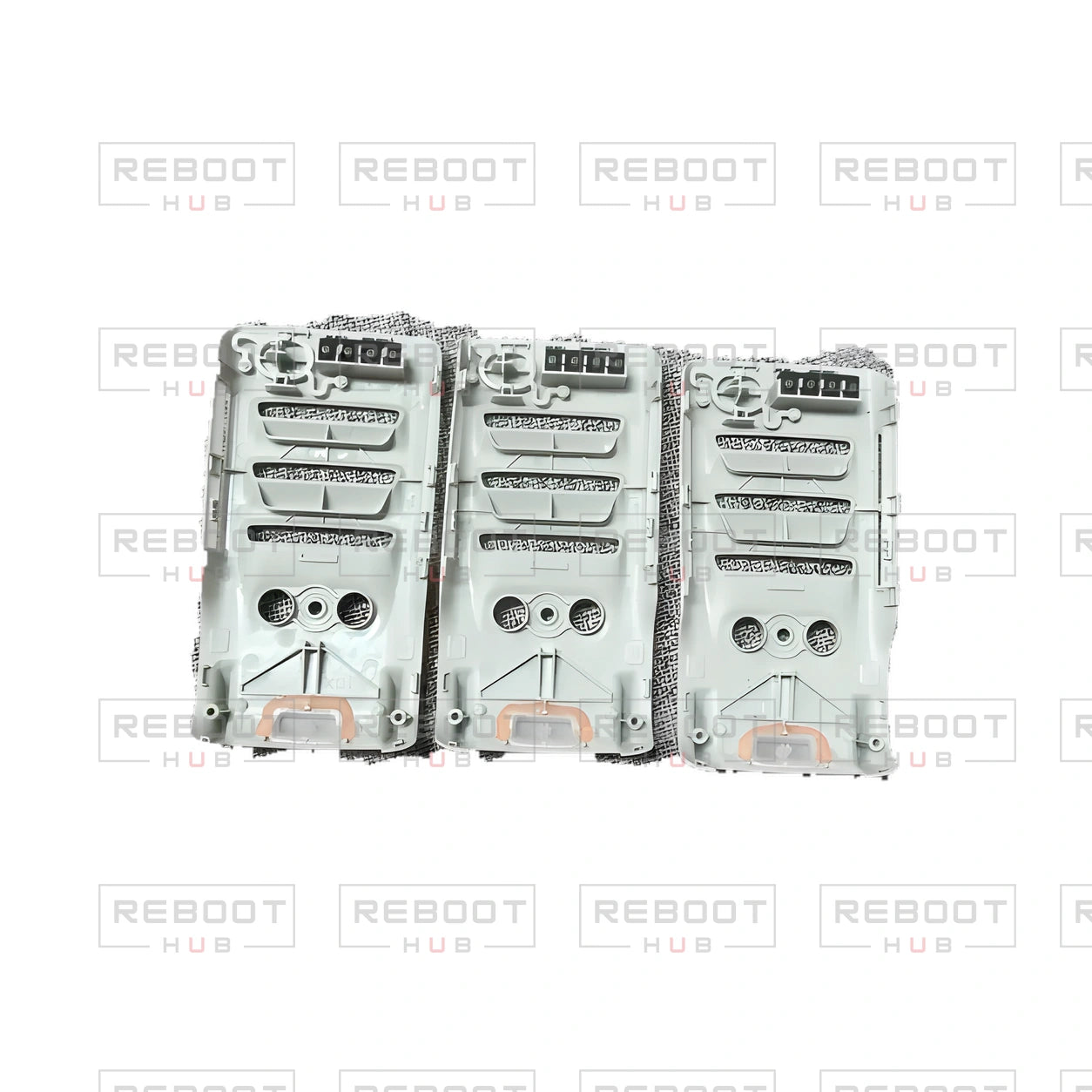OEM-pulled DJI Mini 2 Bottom Shell on white with Reboot Hub watermark overlay — view 4