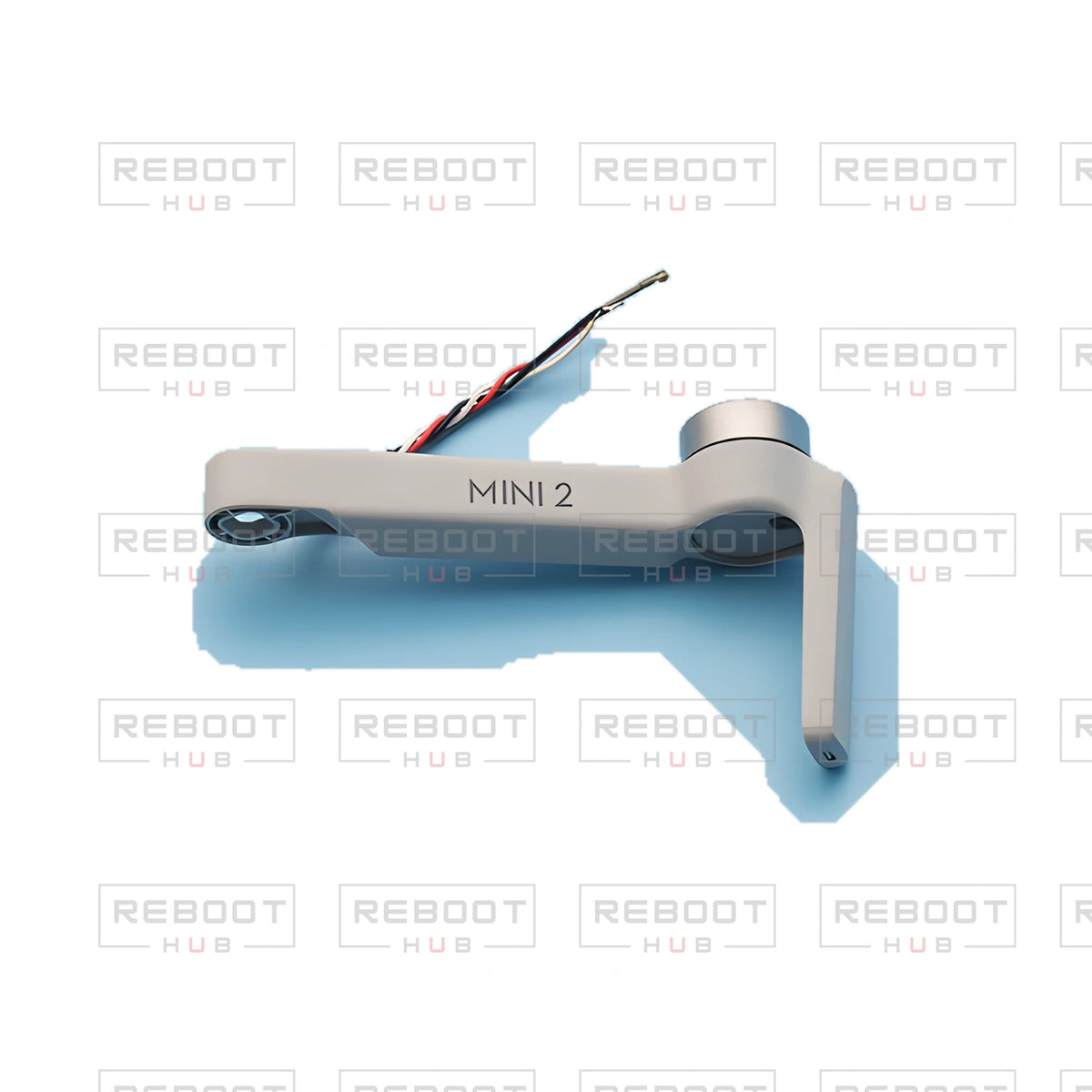 OEM-pulled DJI Mini 2 Front Arm Left on white with Reboot Hub watermark overlay — view 1