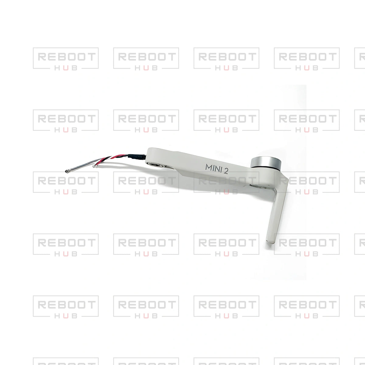 OEM-pulled DJI Mini 2 Front Arm Left on white with Reboot Hub watermark overlay — view 2