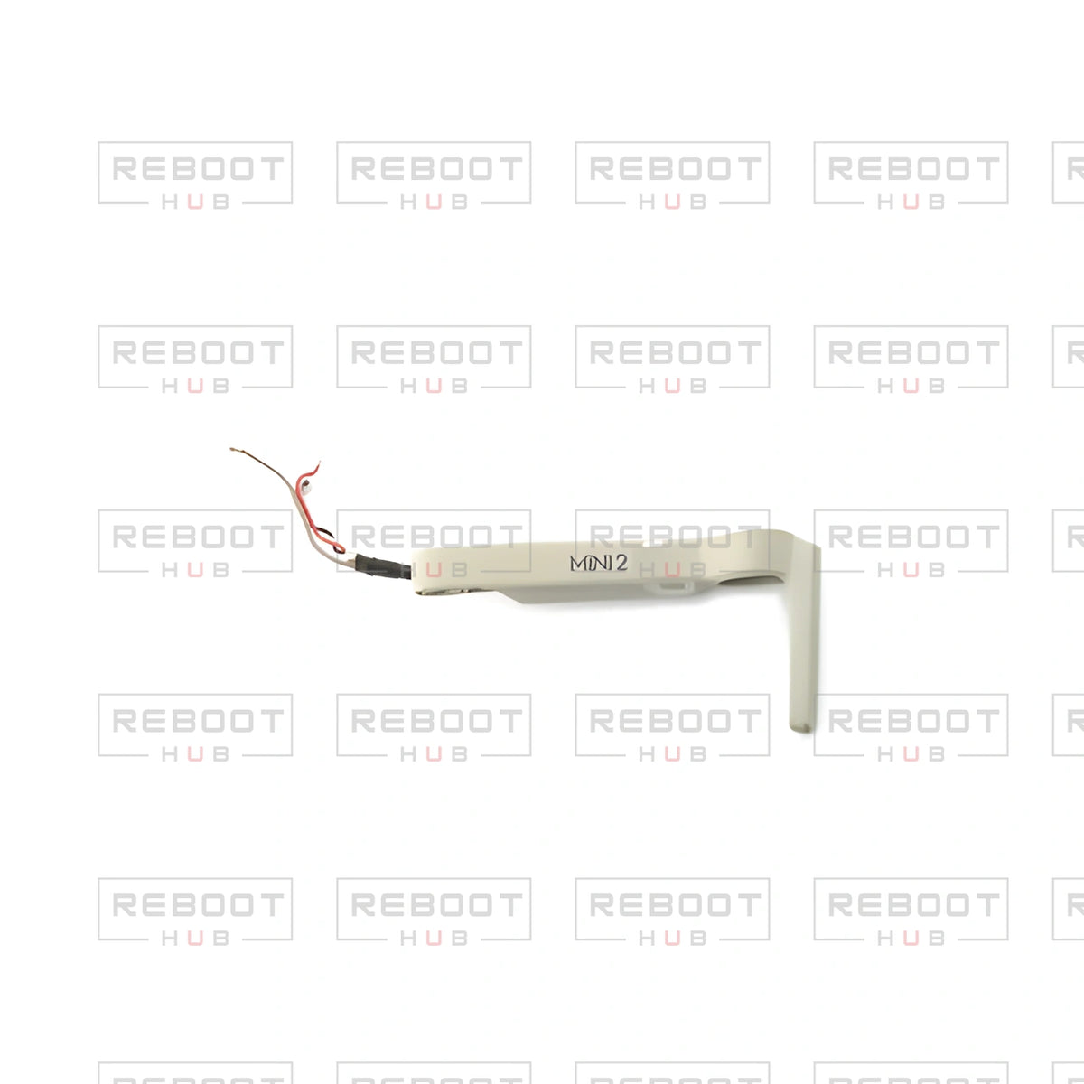 OEM-pulled DJI Mini 2 Front Arm Shell Left on white with Reboot Hub watermark overlay — view 1