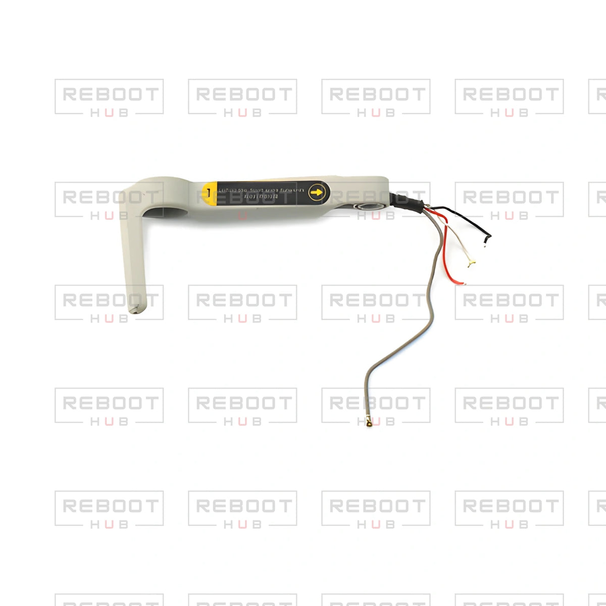 OEM-pulled DJI Mini 2 Front Arm Shell Right on white with Reboot Hub watermark overlay — view 1