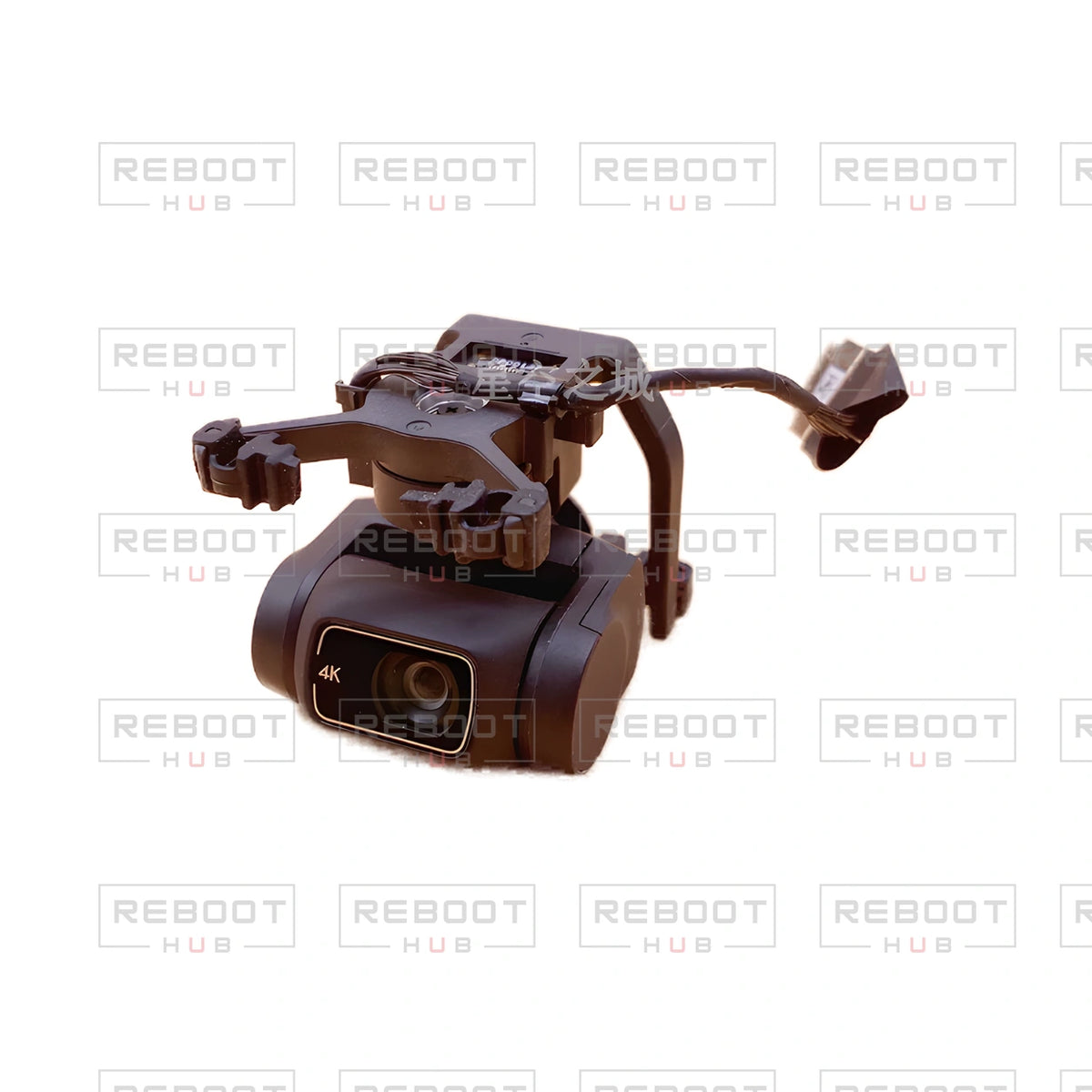 OEM-pulled DJI Mini 2 Gimbal Assembly on white with Reboot Hub watermark overlay — view 1