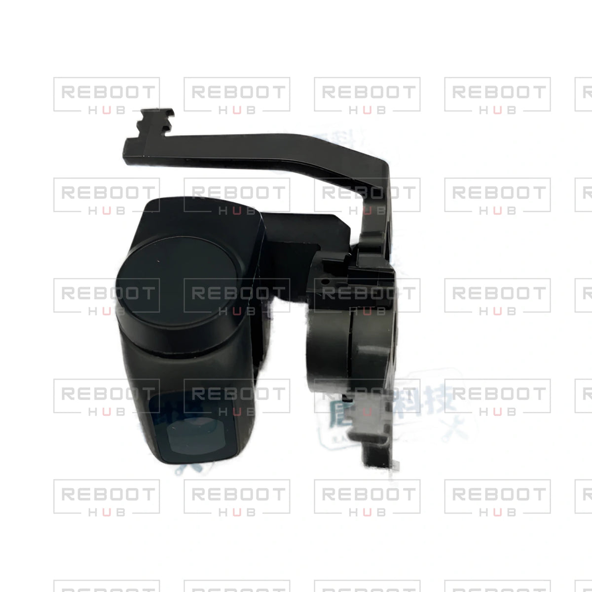 OEM-pulled DJI Mini 2 Gimbal Axis Arm Assembly on white with Reboot Hub watermark overlay — view 2