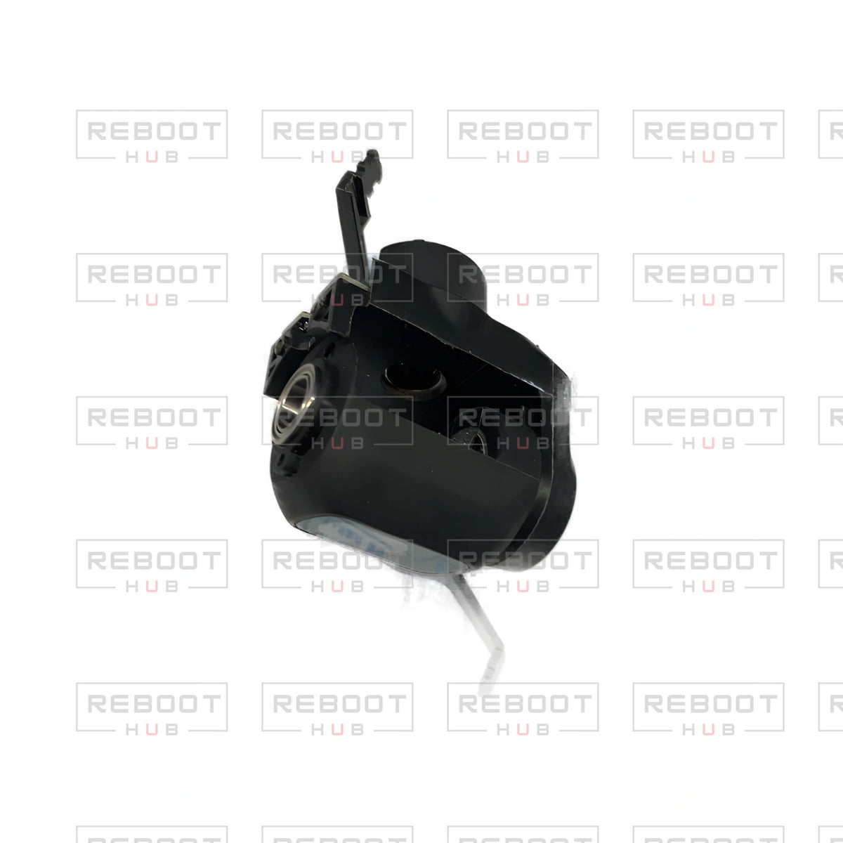 OEM-pulled DJI Mini 2 Gimbal Axis Arm Assembly on white with Reboot Hub watermark overlay — view 3