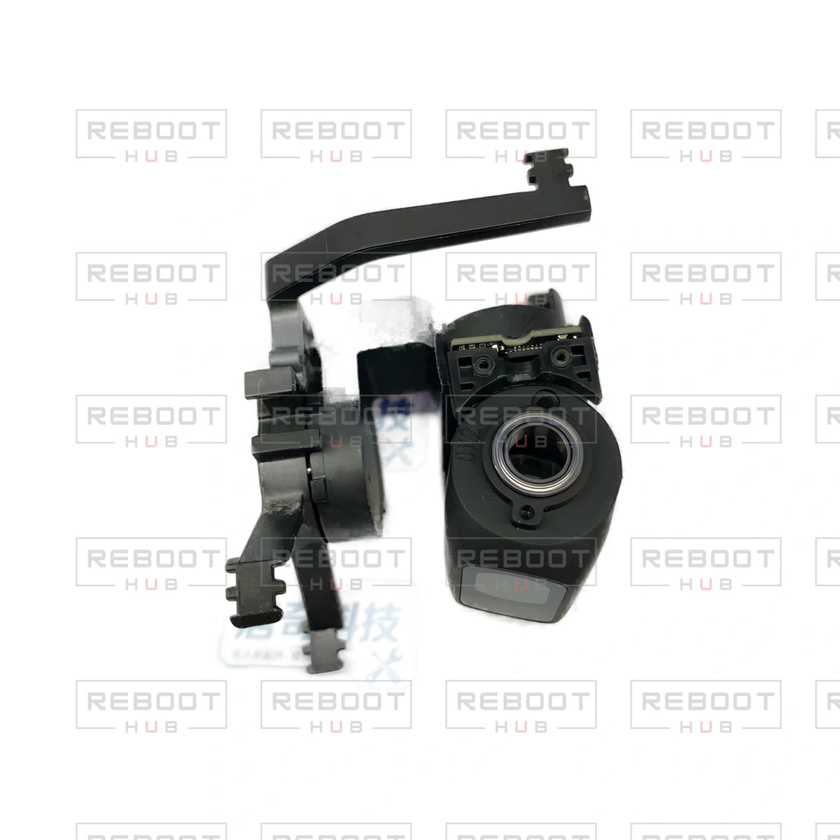 OEM-pulled DJI Mini 2 Gimbal Axis Arm Assembly on white with Reboot Hub watermark overlay — view 4