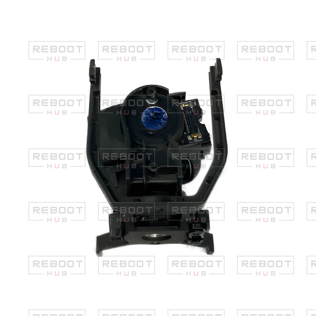 OEM-pulled DJI Mini 2 Gimbal Axis Arm Assembly on white with Reboot Hub watermark overlay — view 5