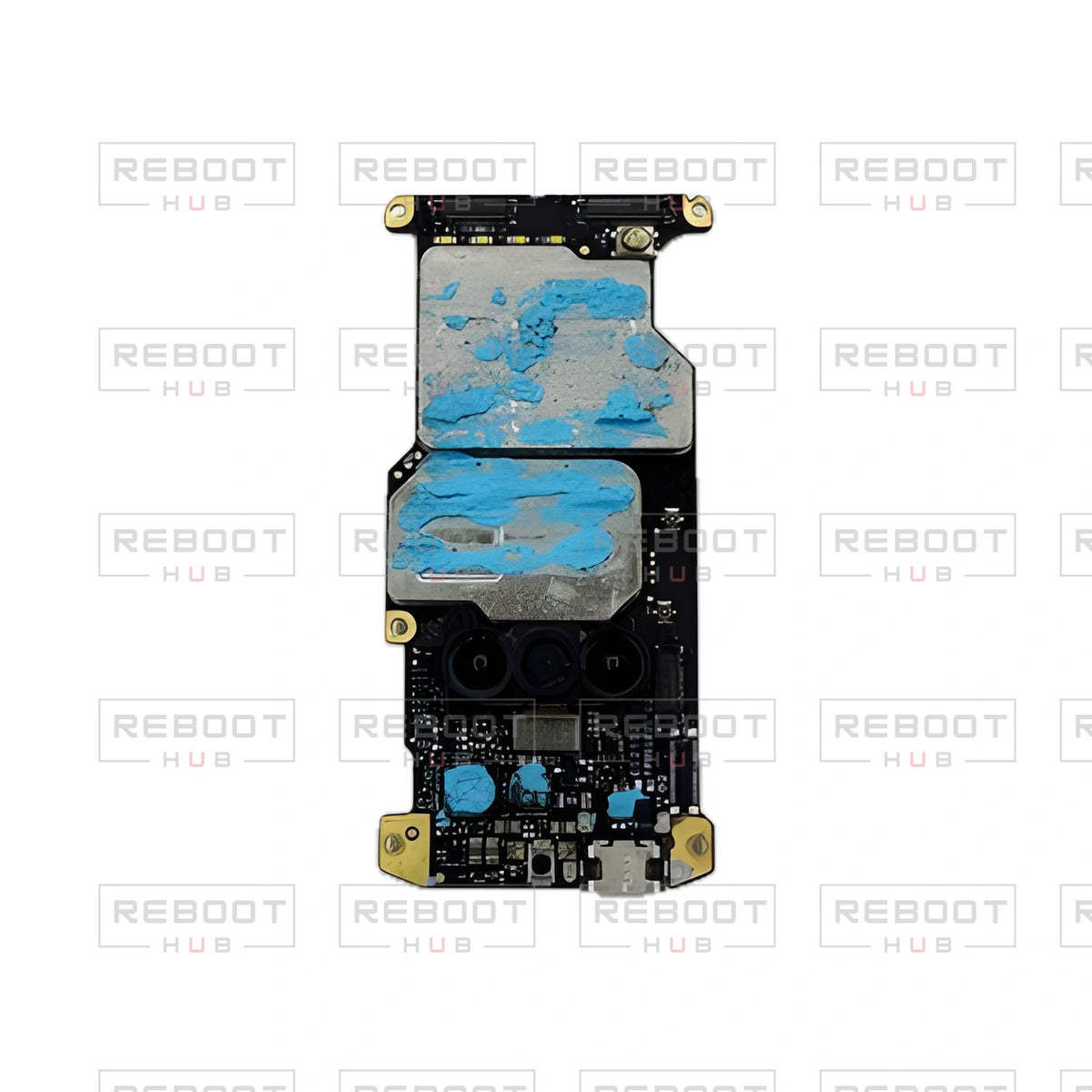OEM-pulled DJI Mini 2 Motherboard on white with Reboot Hub watermark overlay — view 2