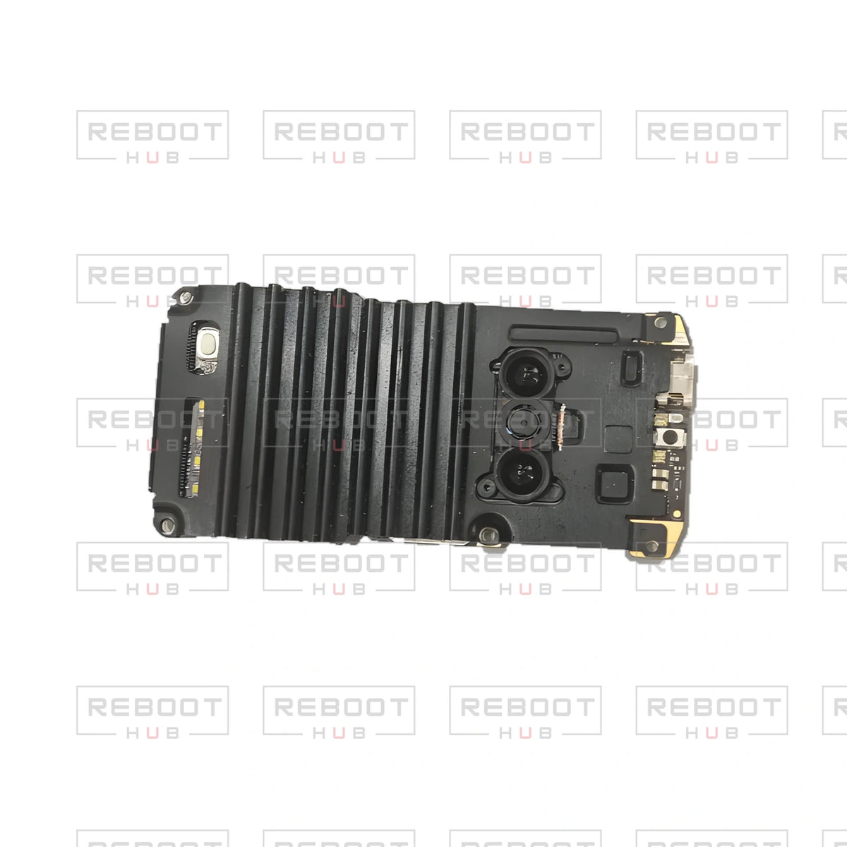 OEM-pulled DJI Mini 2 Motherboard on white with Reboot Hub watermark overlay — view 4