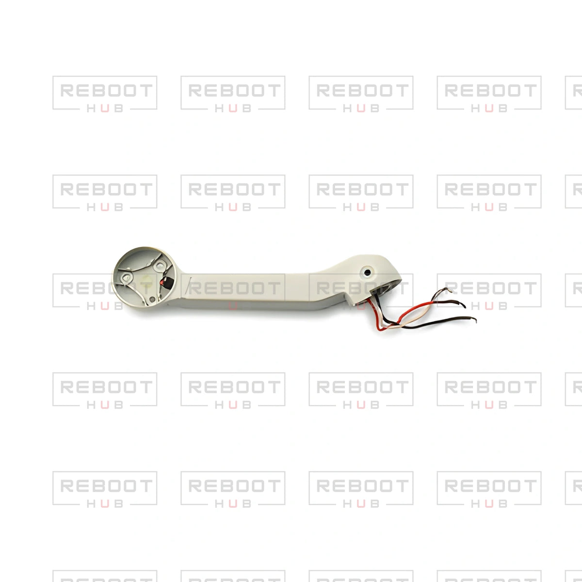 OEM-pulled DJI Mini 2 Rear Arm Shell Left on white with Reboot Hub watermark overlay — view 1
