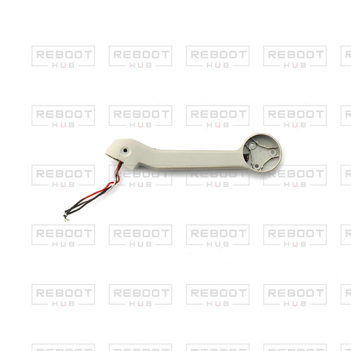 OEM-pulled DJI Mini 2 Rear Arm Shell Right on white with Reboot Hub watermark overlay — view 1