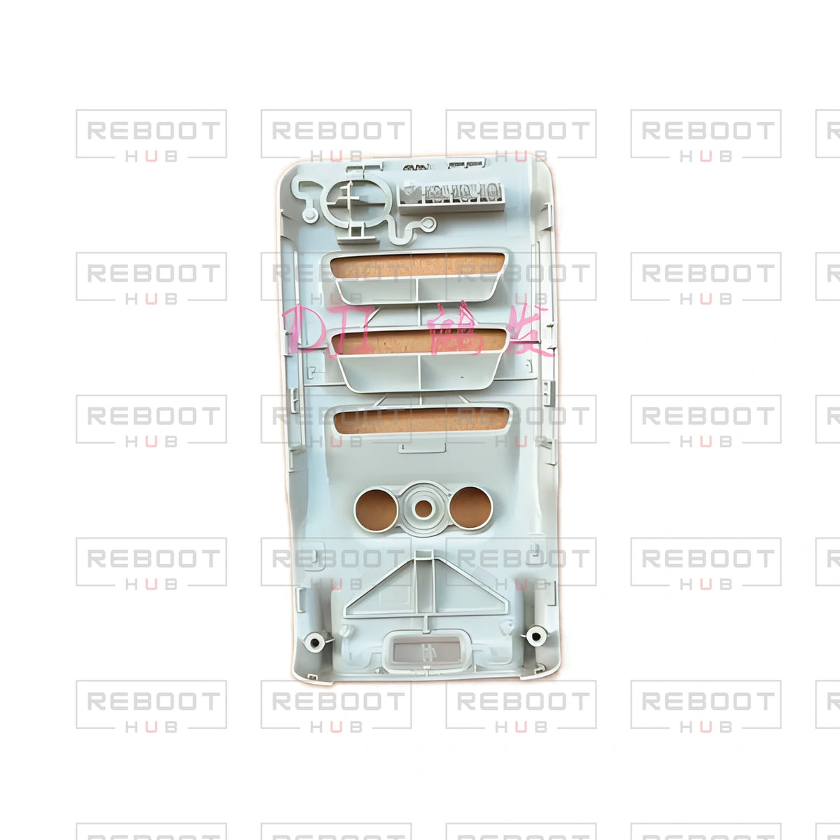 OEM-pulled DJI Mini 2 SE Bottom Shell on white with Reboot Hub watermark overlay — view 2