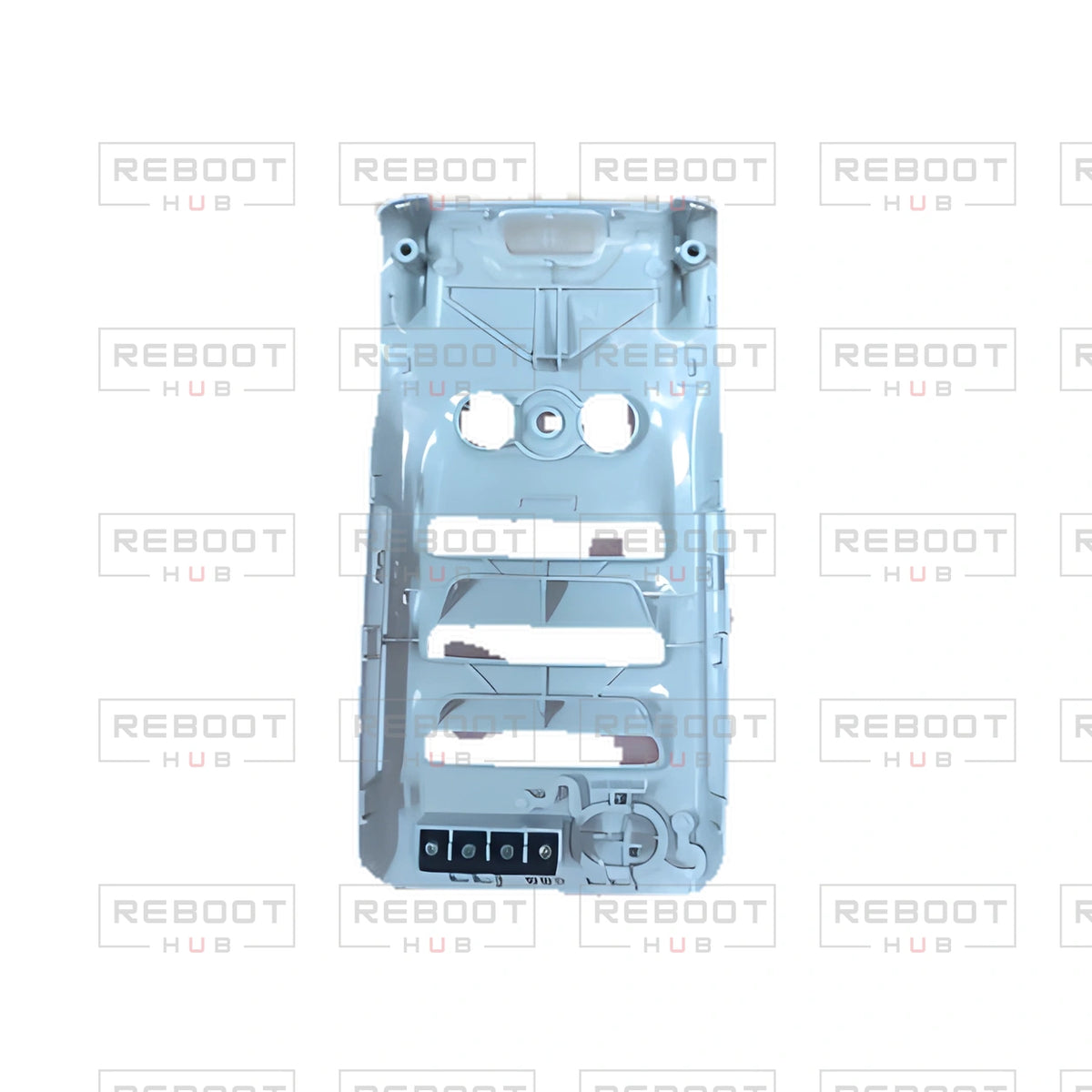 OEM-pulled DJI Mini 2 SE Bottom Shell on white with Reboot Hub watermark overlay — view 4