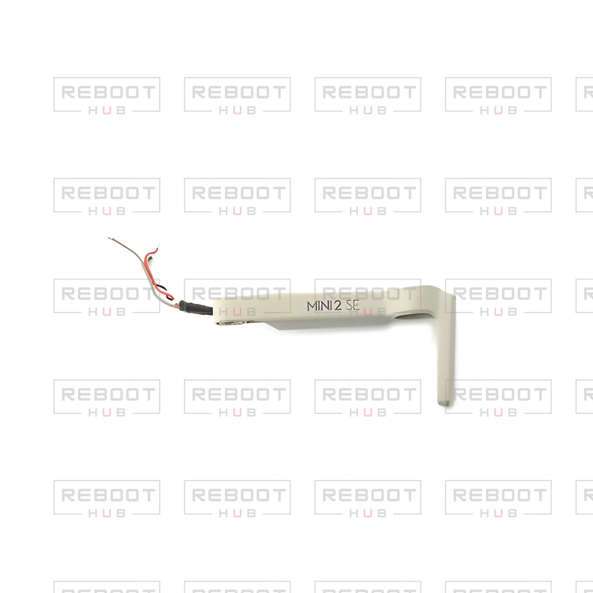 OEM-pulled DJI Mini 2 SE Front Arm Shell Left on white with Reboot Hub watermark overlay — view 1
