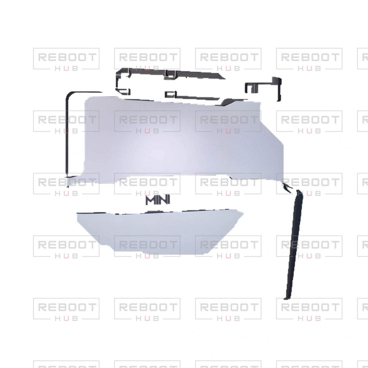 OEM-pulled DJI Mini 2 SE Front Arm Shell Left on white with Reboot Hub watermark overlay — view 2