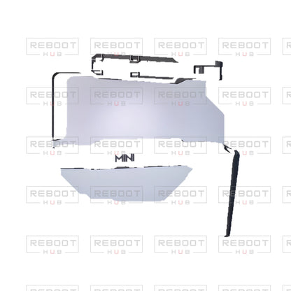 OEM-pulled DJI Mini 2 SE Front Arm Shell Left on white with Reboot Hub watermark overlay — view 2