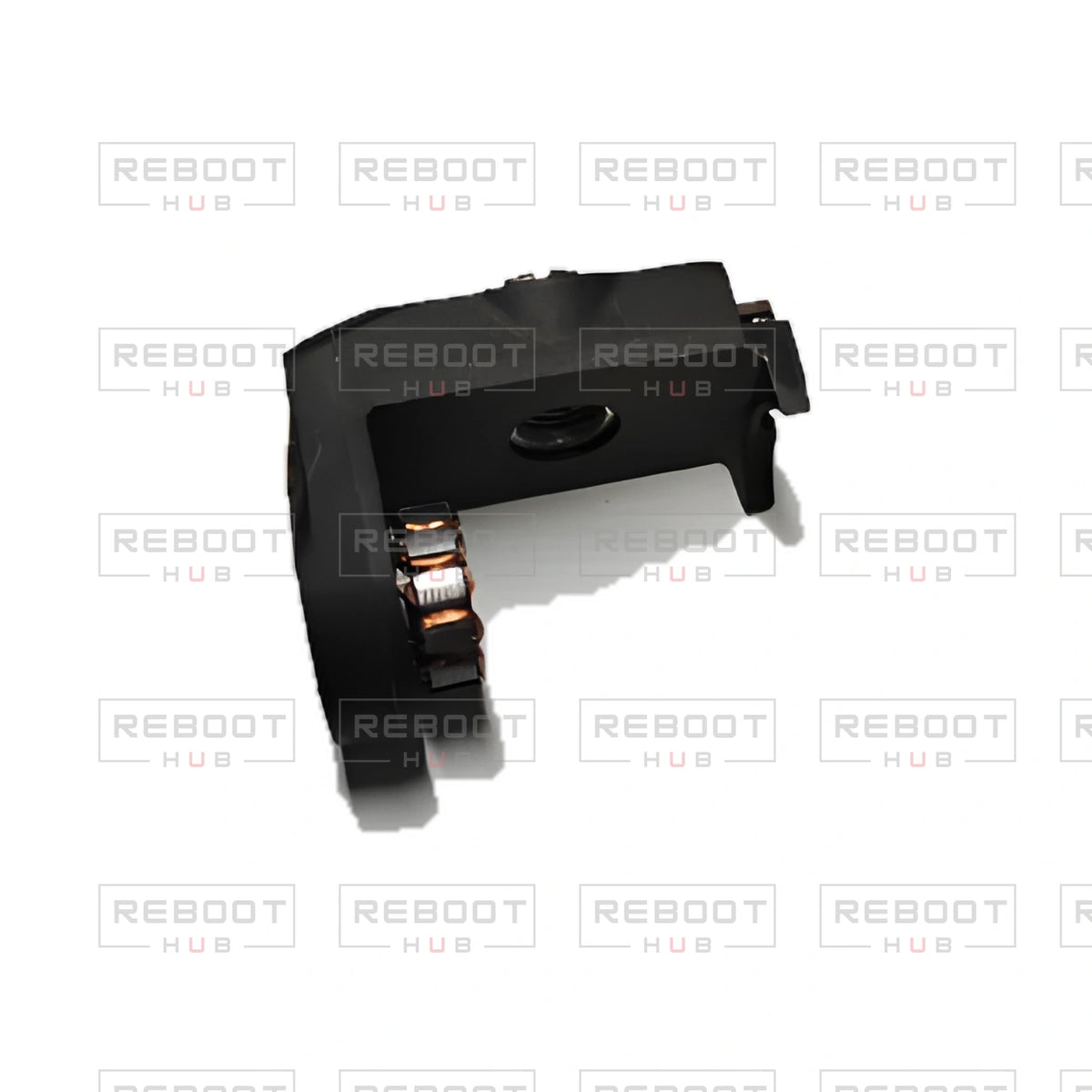 OEM-pulled DJI Mini 2 SE Gimbal Lower Bracket with Roll Motor on white with Reboot Hub watermark overlay — view 1