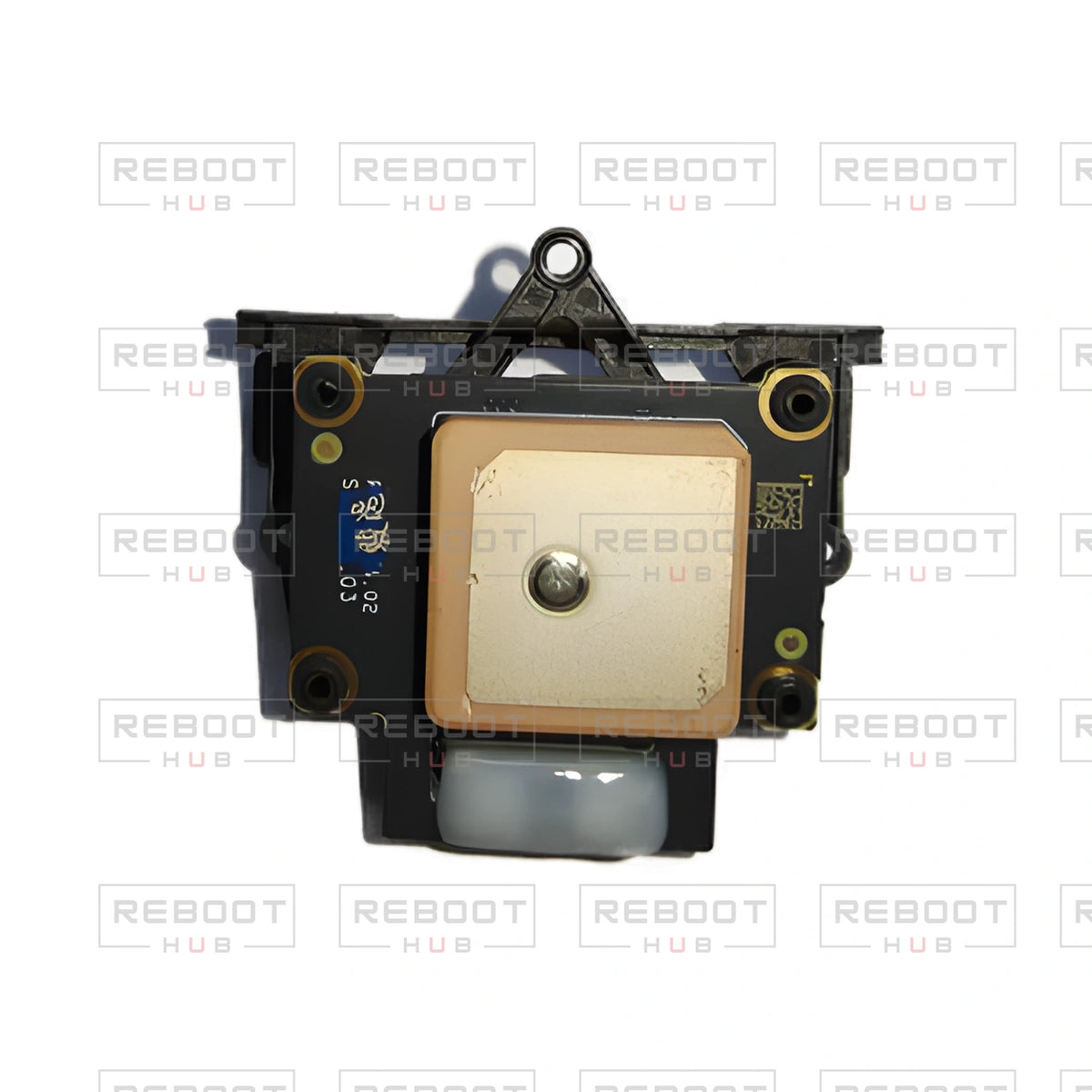 OEM-pulled DJI Mini 2 SE GPS Module on white with Reboot Hub watermark overlay — view 2