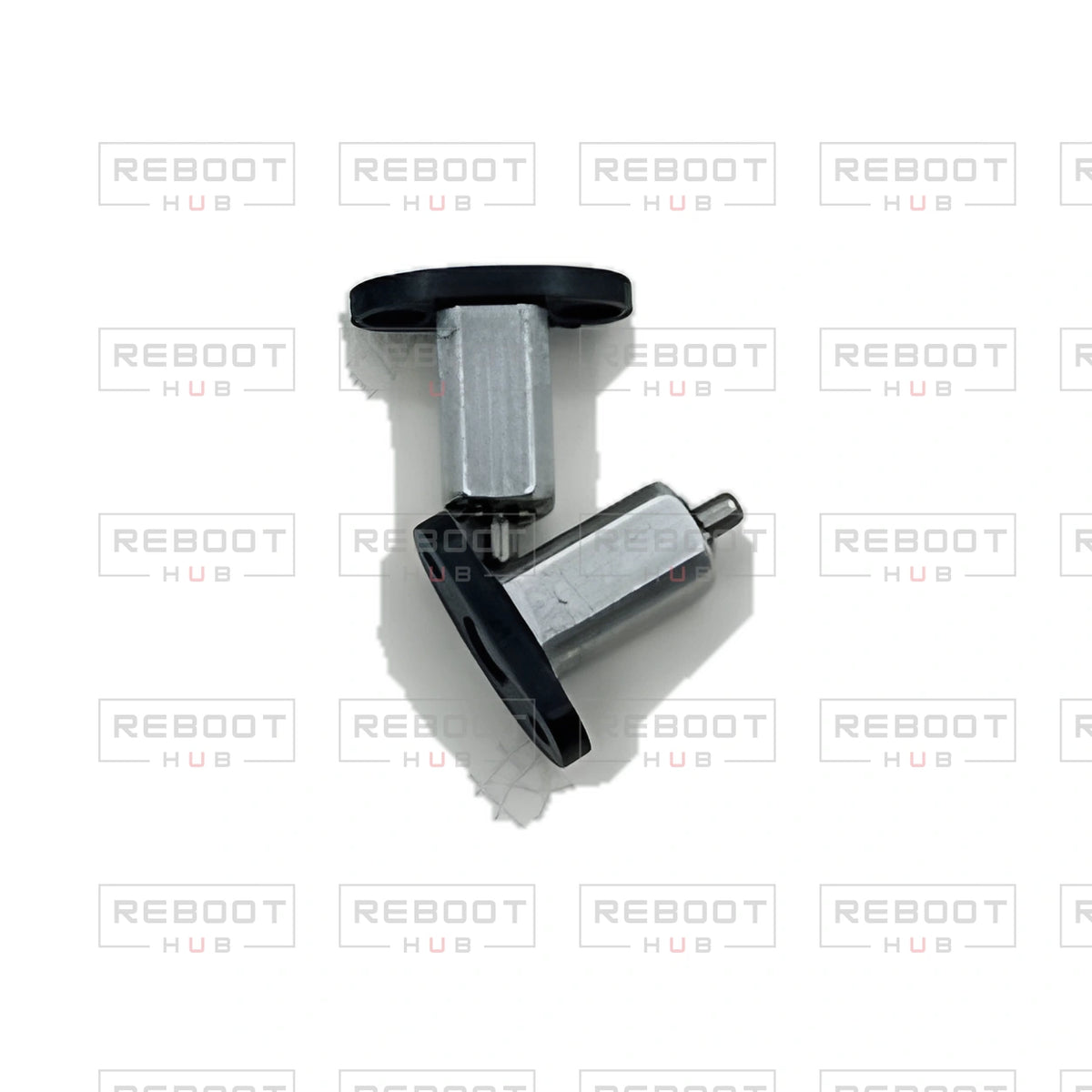 OEM-pulled DJI Mini 4K Front Arm Hinge Axis on white with Reboot Hub watermark overlay — view 2