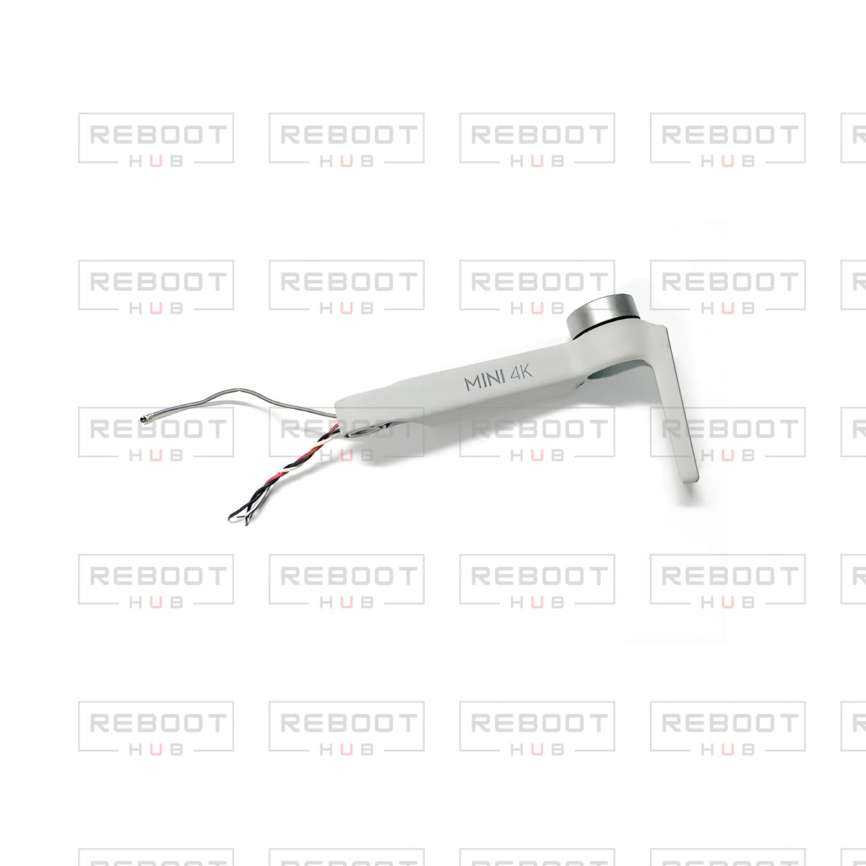 OEM-pulled DJI Mini 4K Front Arm Left on white with Reboot Hub watermark overlay — view 2