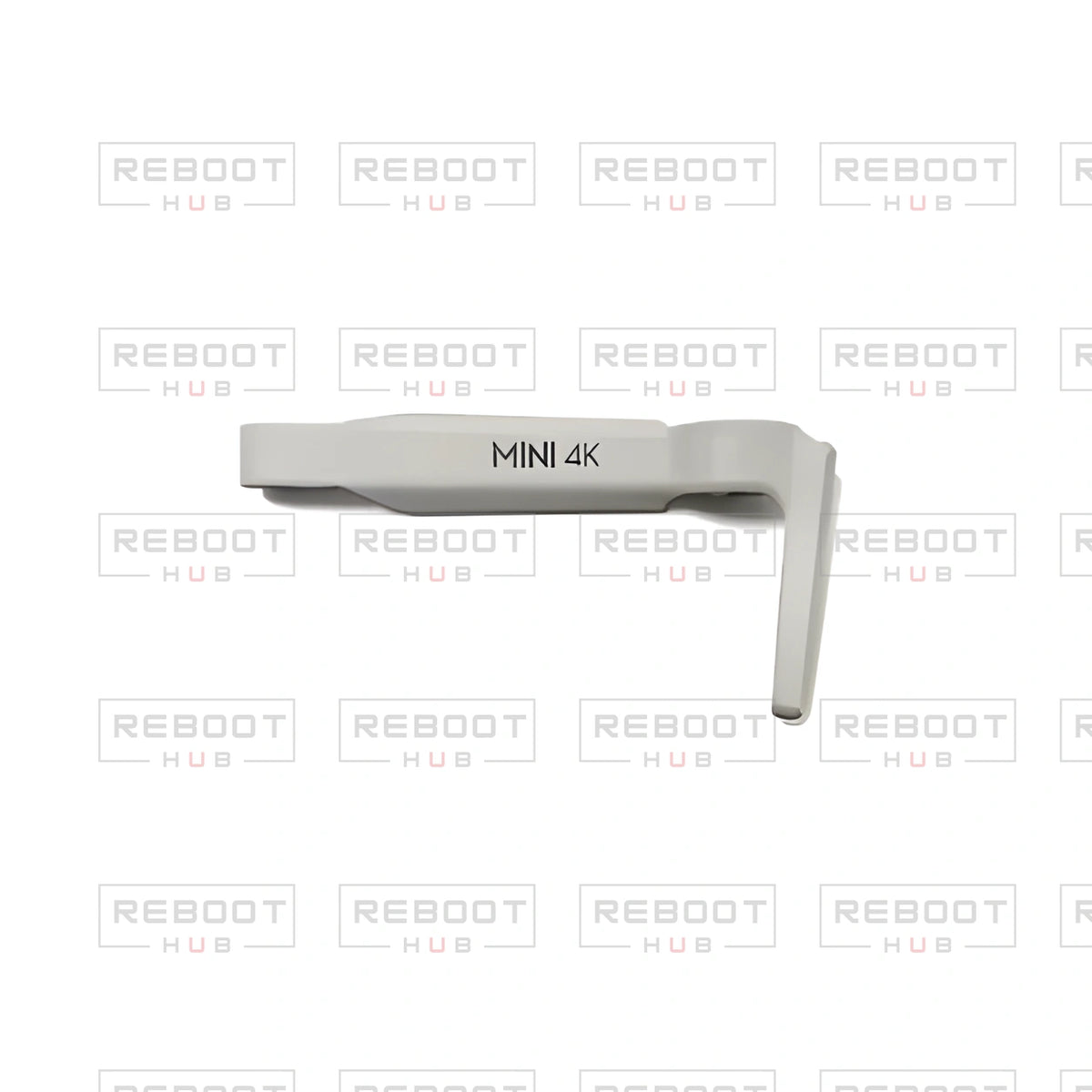 OEM-pulled DJI Mini 4K Front Arm Shell Left on white with Reboot Hub watermark overlay — view 1