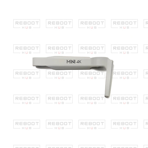 OEM-pulled DJI Mini 4K Front Arm Shell Left on white with Reboot Hub watermark overlay — view 1