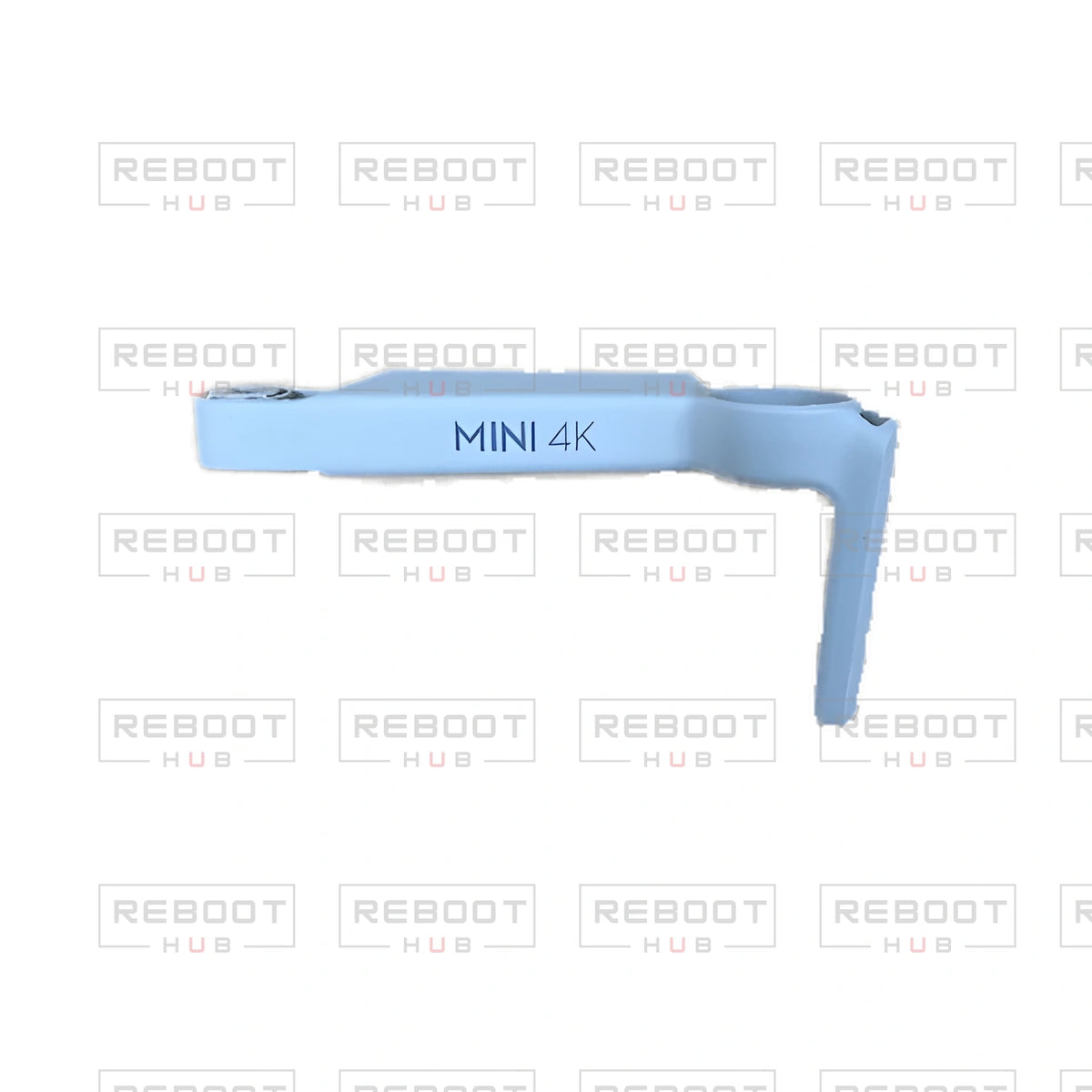 OEM-pulled DJI Mini 4K Front Arm Shell Left on white with Reboot Hub watermark overlay — view 2