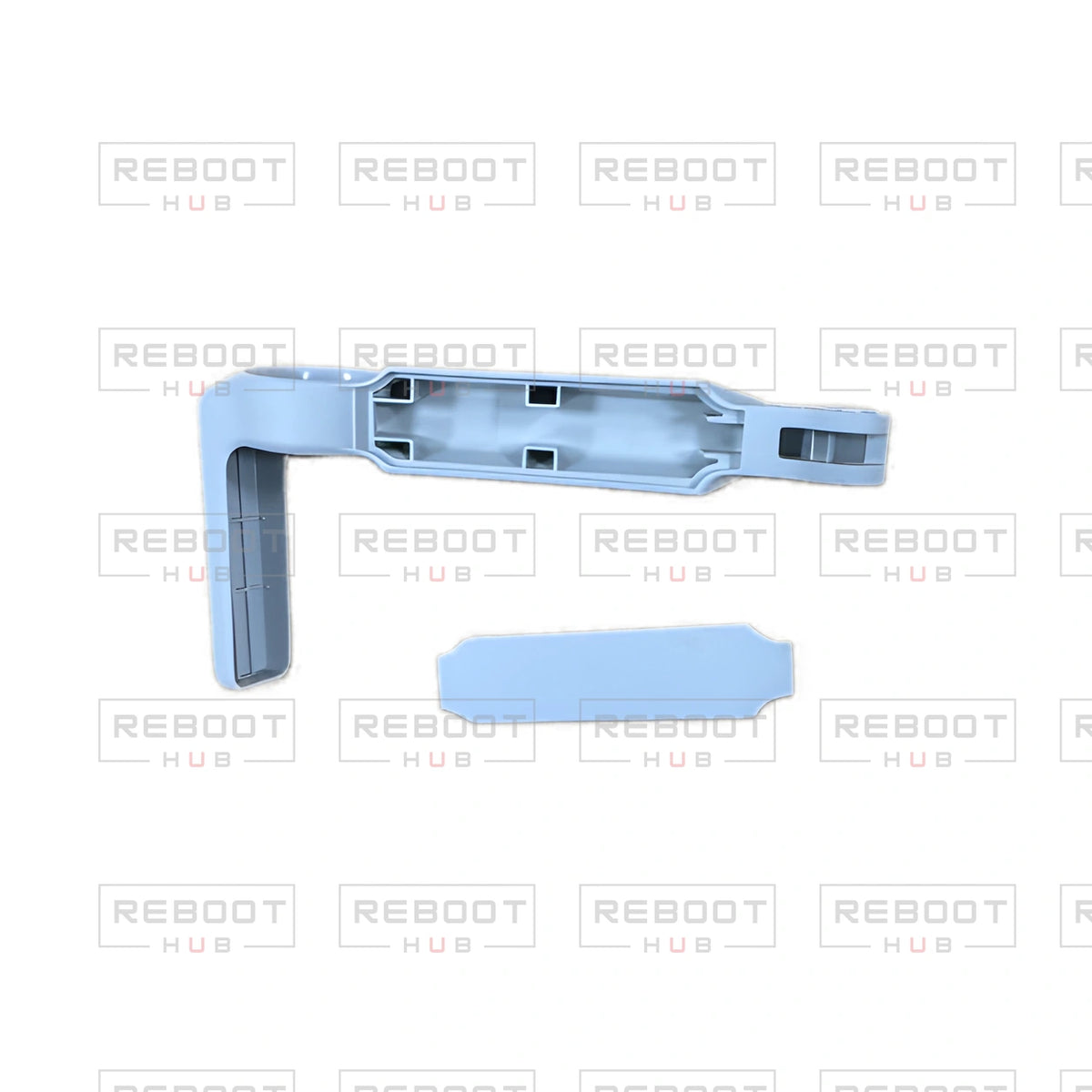 OEM-pulled DJI Mini 4K Front Arm Shell Left on white with Reboot Hub watermark overlay — view 3