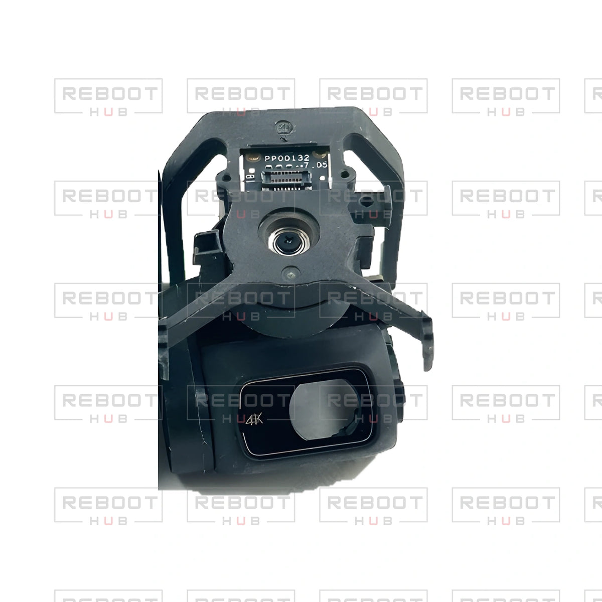 OEM-pulled DJI Mini 4K Gimbal Axis Arm Assembly without Lens on white with Reboot Hub watermark overlay — view 1