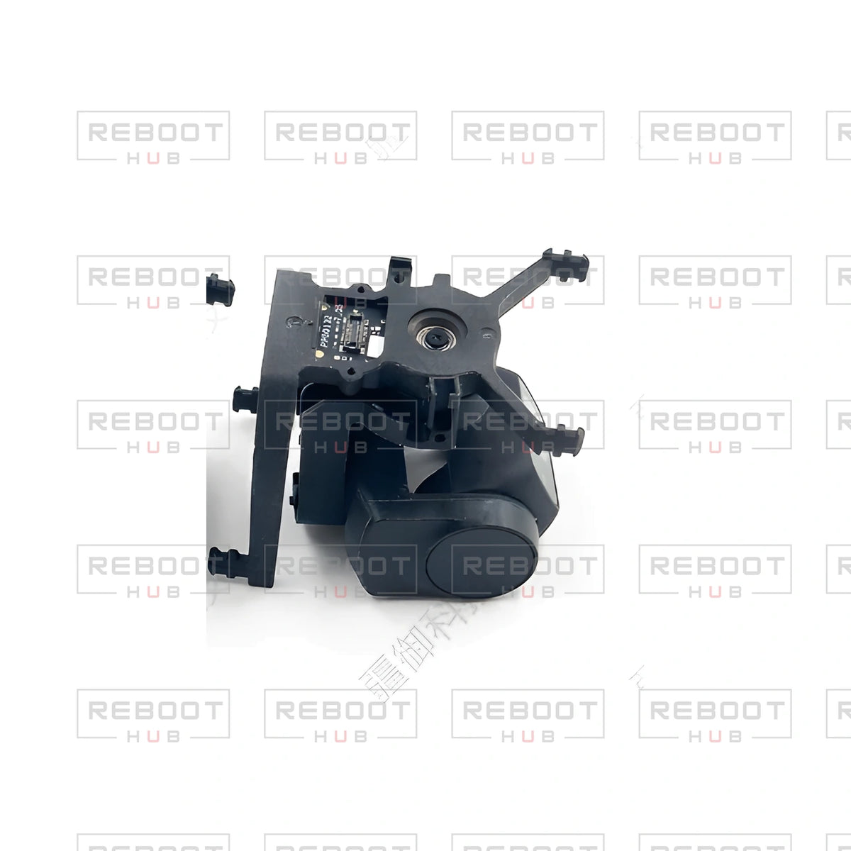 OEM-pulled DJI Mini 4K Gimbal Axis Arm Assembly without Lens on white with Reboot Hub watermark overlay — view 2