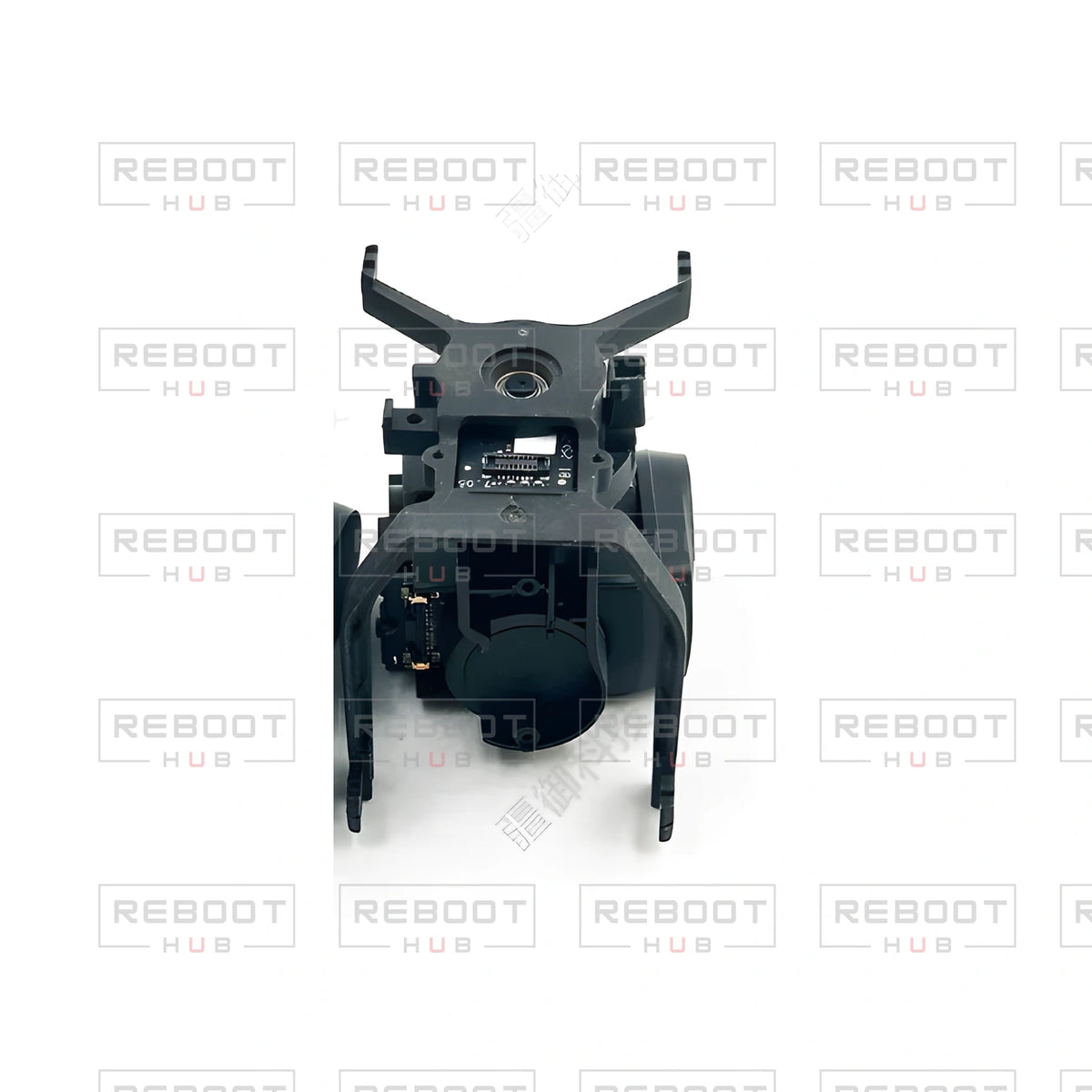 OEM-pulled DJI Mini 4K Gimbal Axis Arm Assembly without Lens on white with Reboot Hub watermark overlay — view 3