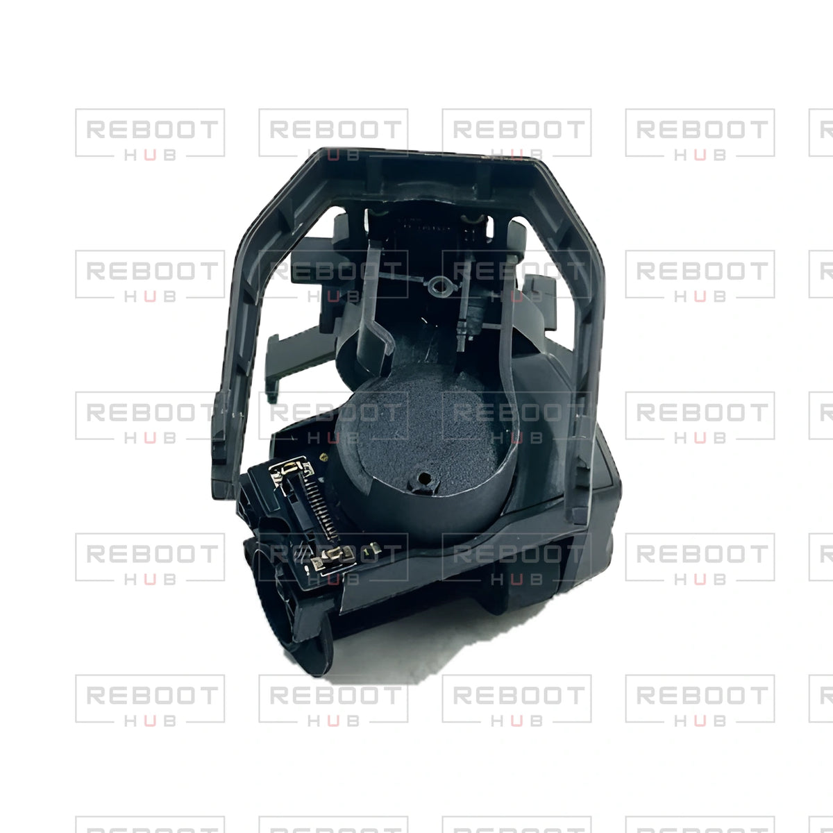 OEM-pulled DJI Mini 4K Gimbal Axis Arm Assembly without Lens on white with Reboot Hub watermark overlay — view 4