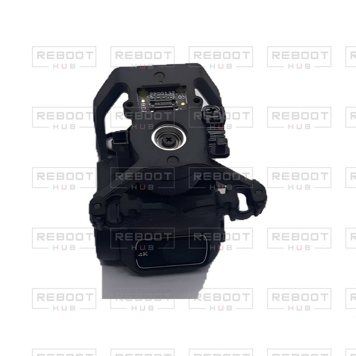 OEM-pulled DJI Mini 4K Gimbal Axis Arm Assembly without Lens on white with Reboot Hub watermark overlay — view 6