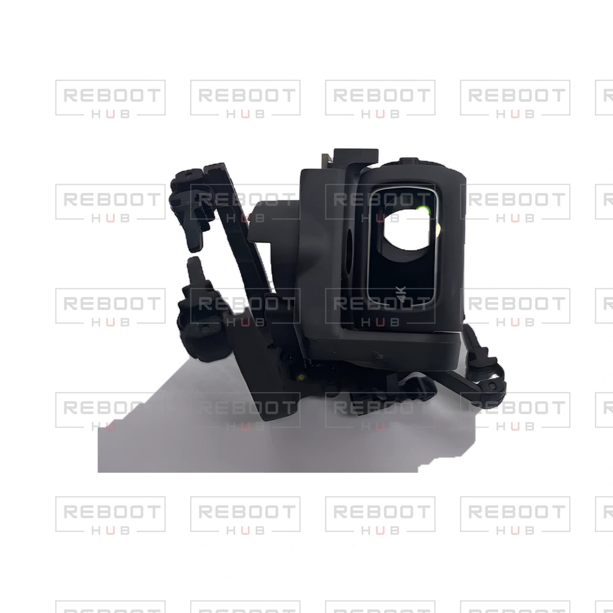 OEM-pulled DJI Mini 4K Gimbal Axis Arm Assembly without Lens on white with Reboot Hub watermark overlay — view 7