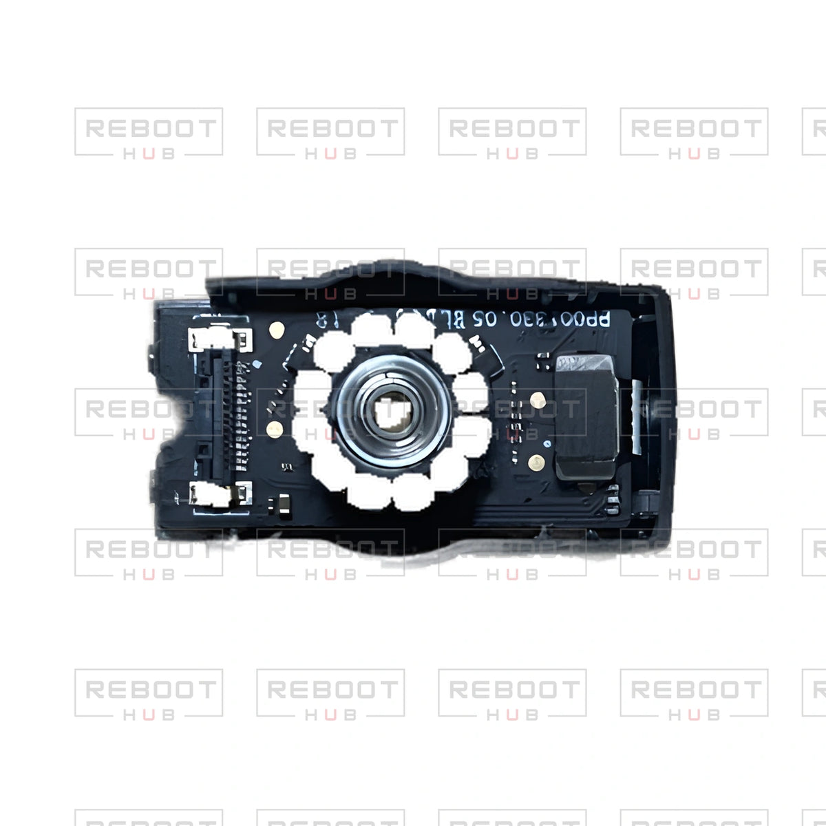 OEM-pulled DJI Mini 4K Gimbal Lower Bracket with Roll Motor on white with Reboot Hub watermark overlay — view 2